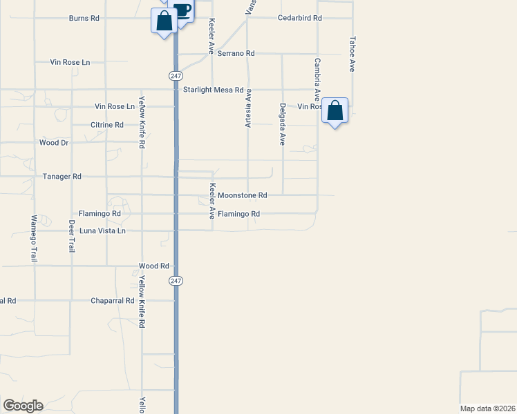map of restaurants, bars, coffee shops, grocery stores, and more near 56350 Moonstone Road in Yucca Valley