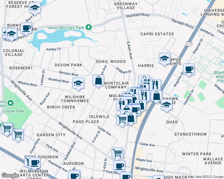 map of restaurants, bars, coffee shops, grocery stores, and more near 607 Montclair Drive in Wilmington