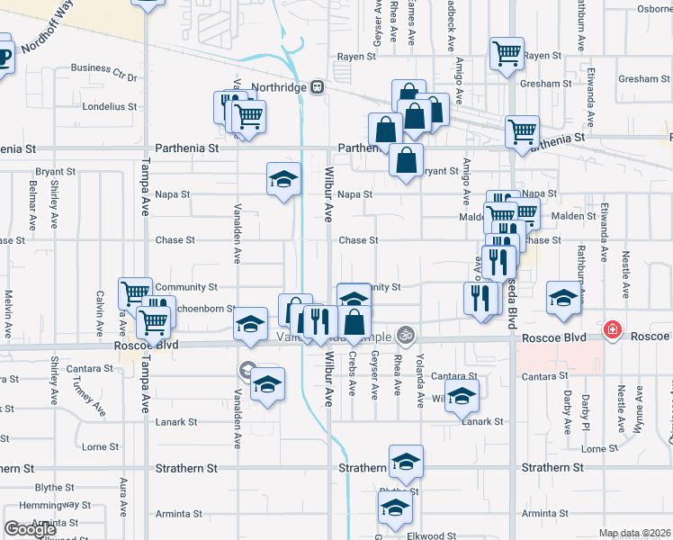 map of restaurants, bars, coffee shops, grocery stores, and more near 8418 Wilbur Avenue in Los Angeles