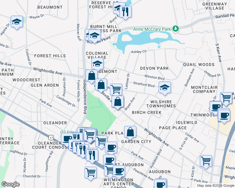 map of restaurants, bars, coffee shops, grocery stores, and more near 3400 Wilshire Boulevard in Wilmington