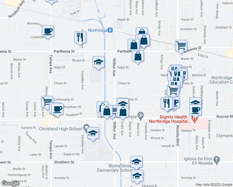 map of restaurants, bars, coffee shops, grocery stores, and more near 8418 Wilbur Avenue in Los Angeles