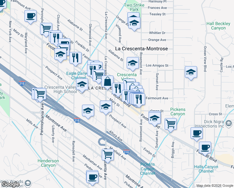 map of restaurants, bars, coffee shops, grocery stores, and more near 2725 Foothill Boulevard in La Crescenta-Montrose