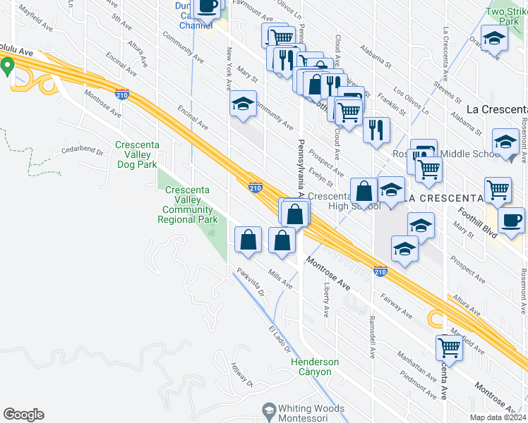 map of restaurants, bars, coffee shops, grocery stores, and more near 3305 Montrose Avenue in Glendale