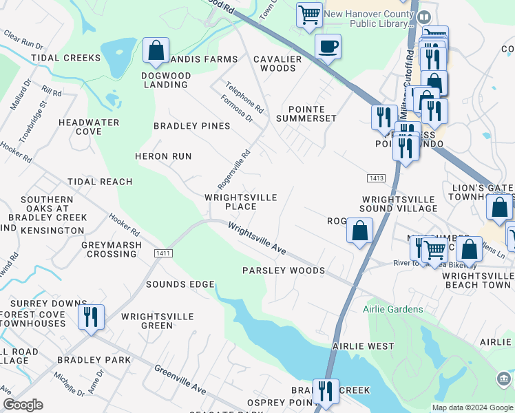 map of restaurants, bars, coffee shops, grocery stores, and more near 6229 Wrightsville Avenue in Wilmington