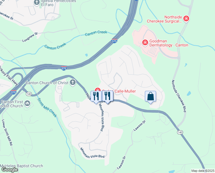 map of restaurants, bars, coffee shops, grocery stores, and more near 313 Hillcrest Lane in Canton