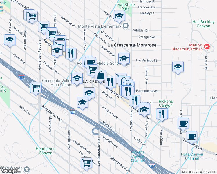 map of restaurants, bars, coffee shops, grocery stores, and more near 2727 Foothill Boulevard in La Crescenta-Montrose