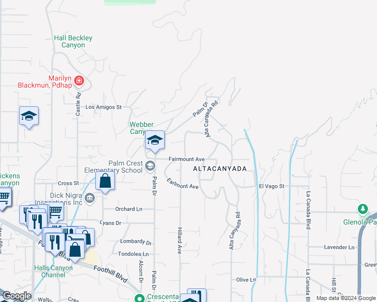 map of restaurants, bars, coffee shops, grocery stores, and more near 1737 Fairmount Avenue in La Cañada Flintridge