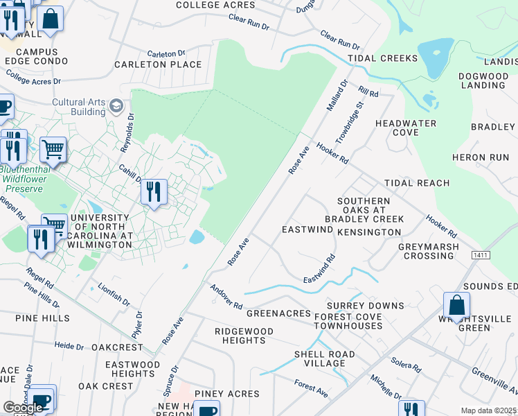 map of restaurants, bars, coffee shops, grocery stores, and more near 521 Rose Avenue in Wilmington
