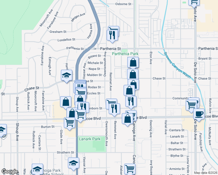 map of restaurants, bars, coffee shops, grocery stores, and more near 21708 Chase Street in Los Angeles