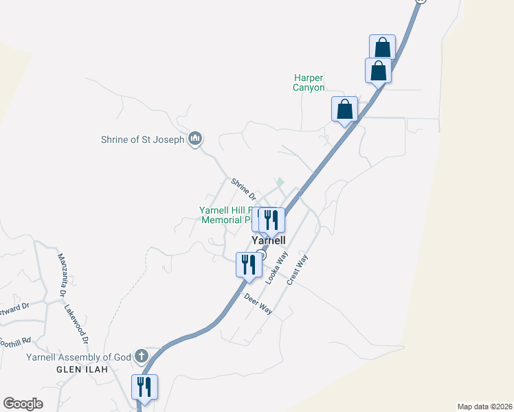 map of restaurants, bars, coffee shops, grocery stores, and more near 113 Willow Lane in Yarnell