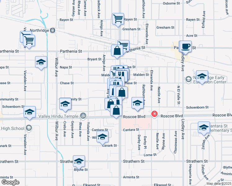 map of restaurants, bars, coffee shops, grocery stores, and more near 8448 Reseda Boulevard in Los Angeles