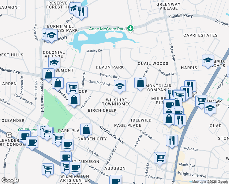 map of restaurants, bars, coffee shops, grocery stores, and more near 815 Jennings Drive in Wilmington