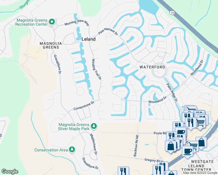map of restaurants, bars, coffee shops, grocery stores, and more near 2015 Woodwind Drive in Leland