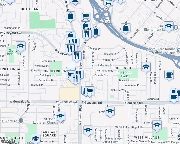 map of restaurants, bars, coffee shops, grocery stores, and more near 225 Hermano Tr in Oxnard