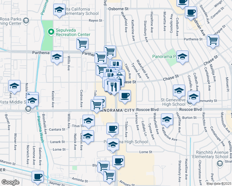 map of restaurants, bars, coffee shops, grocery stores, and more near 8401 Van Nuys Boulevard in Los Angeles