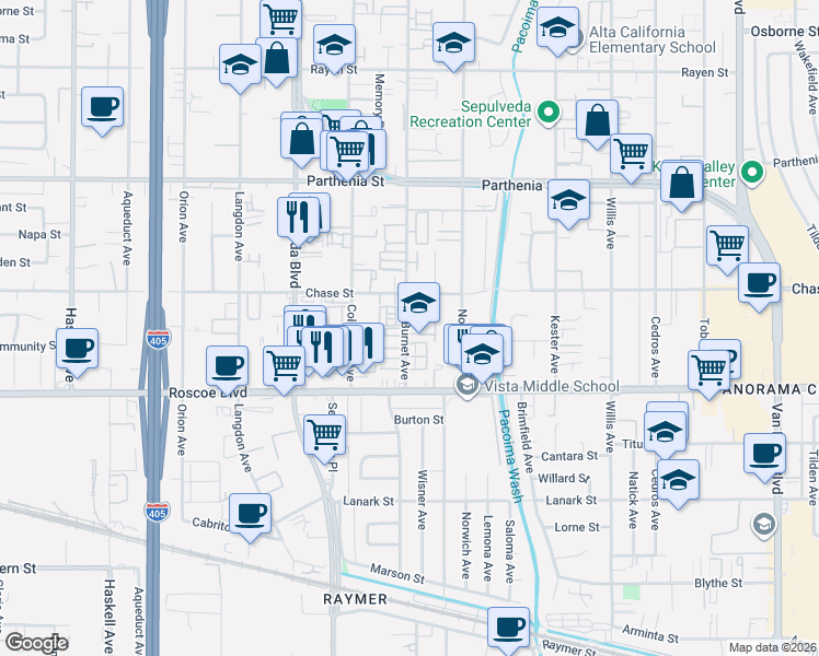 map of restaurants, bars, coffee shops, grocery stores, and more near 8432 Burnet Avenue in Los Angeles