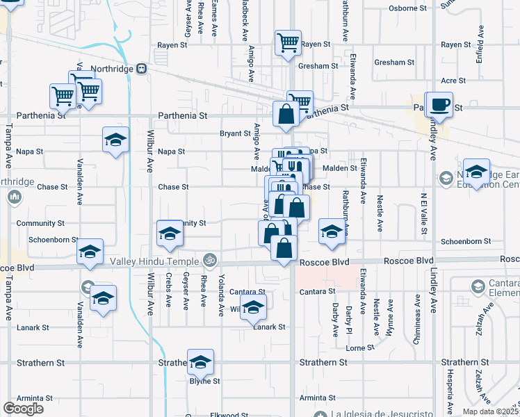 map of restaurants, bars, coffee shops, grocery stores, and more near 8438 Amigo Avenue in Los Angeles