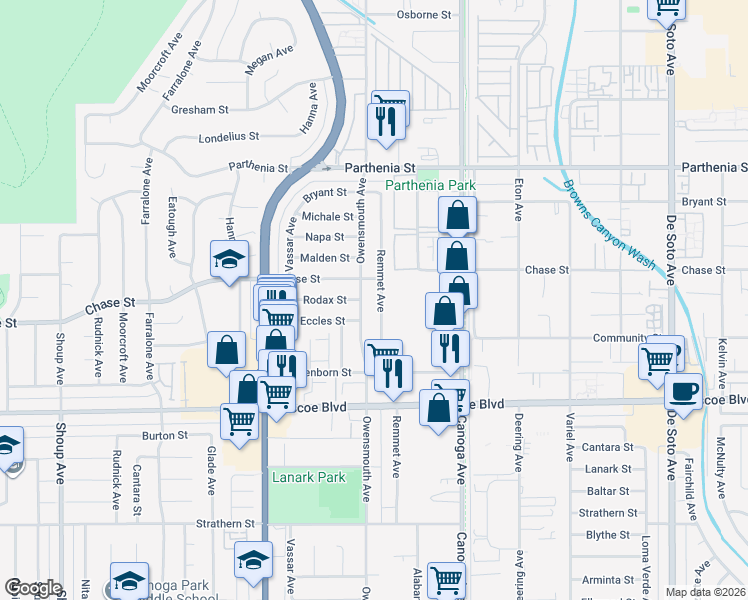 map of restaurants, bars, coffee shops, grocery stores, and more near 21708 Chase Street in Los Angeles