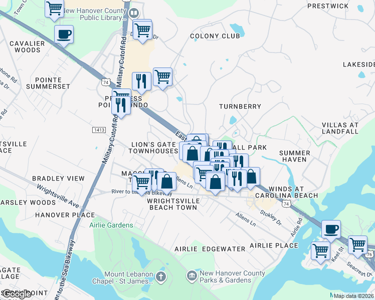 map of restaurants, bars, coffee shops, grocery stores, and more near Cross City Trail in Wilmington
