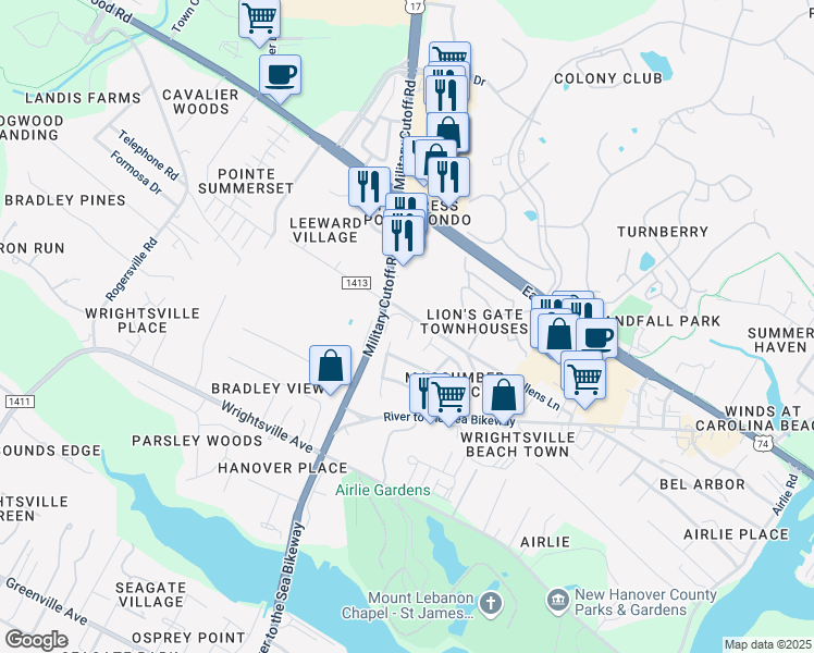 map of restaurants, bars, coffee shops, grocery stores, and more near 1507 Military Cutoff Road in Wilmington