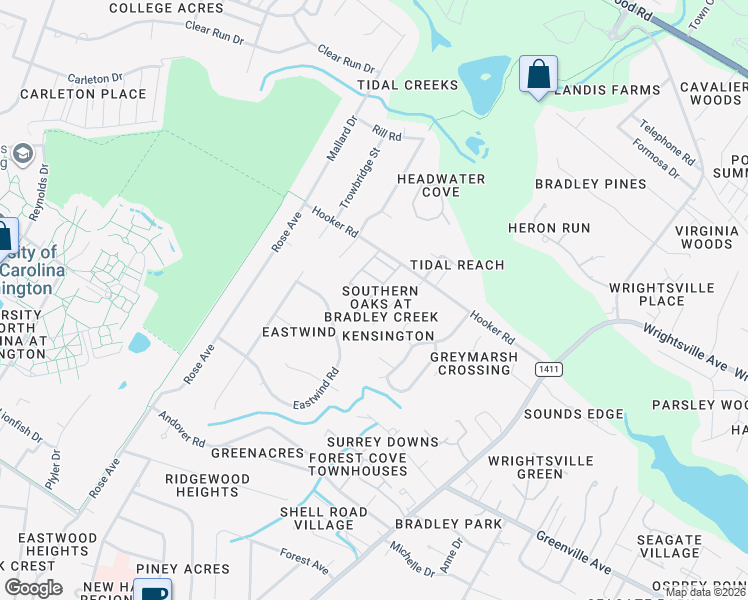 map of restaurants, bars, coffee shops, grocery stores, and more near 702 Woodland Forest Court in Wilmington
