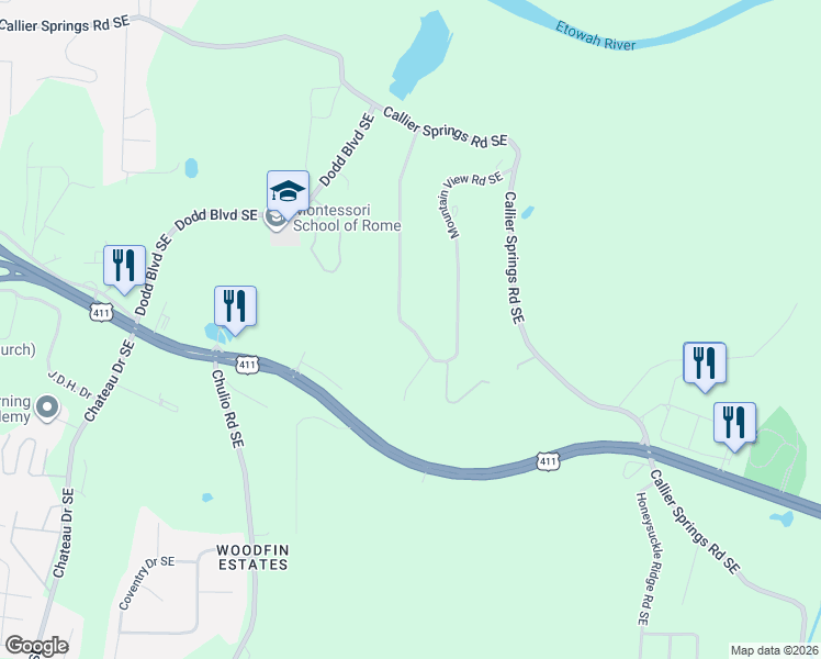 map of restaurants, bars, coffee shops, grocery stores, and more near 249 Mountain View Road Southeast in Rome