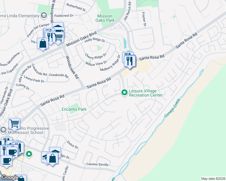 map of restaurants, bars, coffee shops, grocery stores, and more near 11105 Village 11 in Camarillo