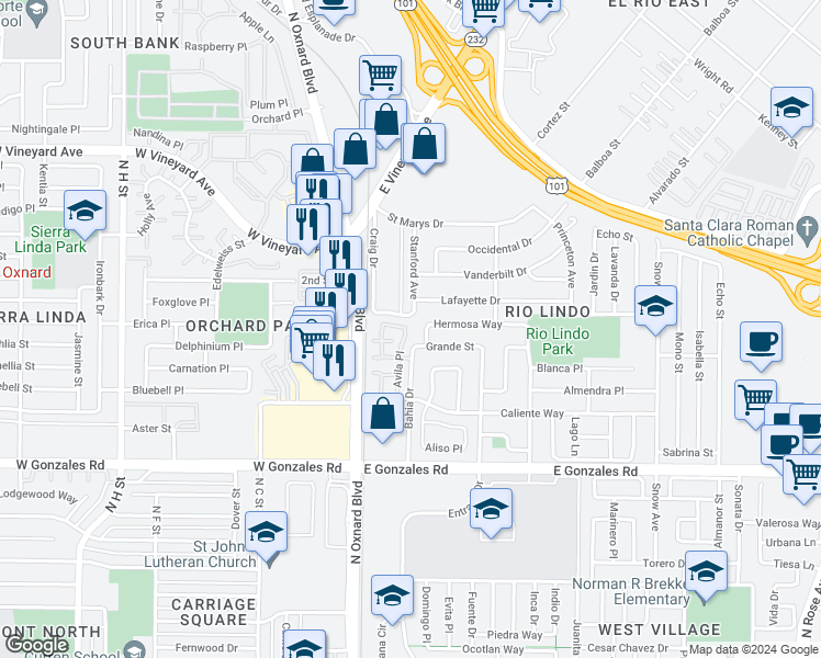 map of restaurants, bars, coffee shops, grocery stores, and more near 2136 Avila Place in Oxnard
