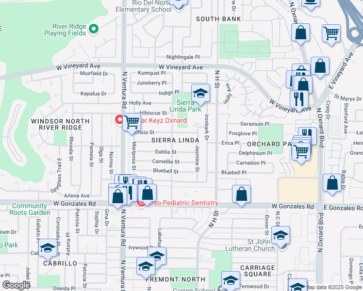 map of restaurants, bars, coffee shops, grocery stores, and more near 1100 Elder Street in Oxnard