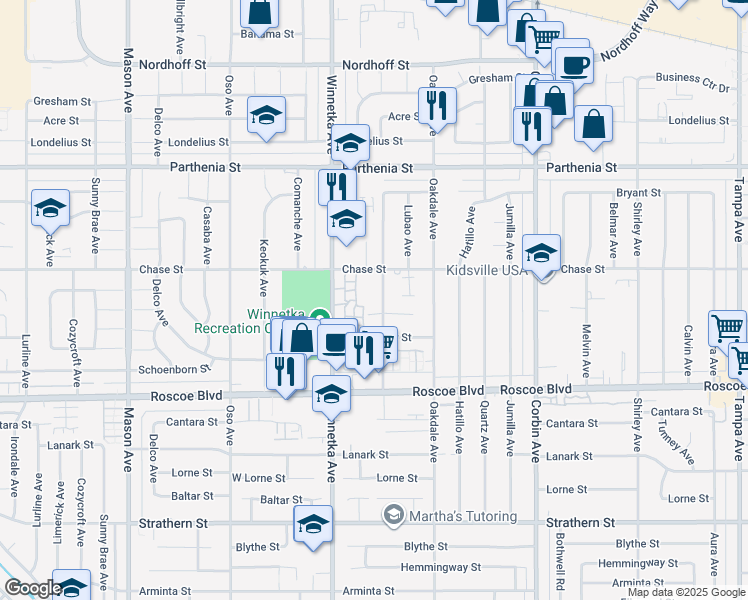 map of restaurants, bars, coffee shops, grocery stores, and more near 8467 Penfield Avenue in Los Angeles