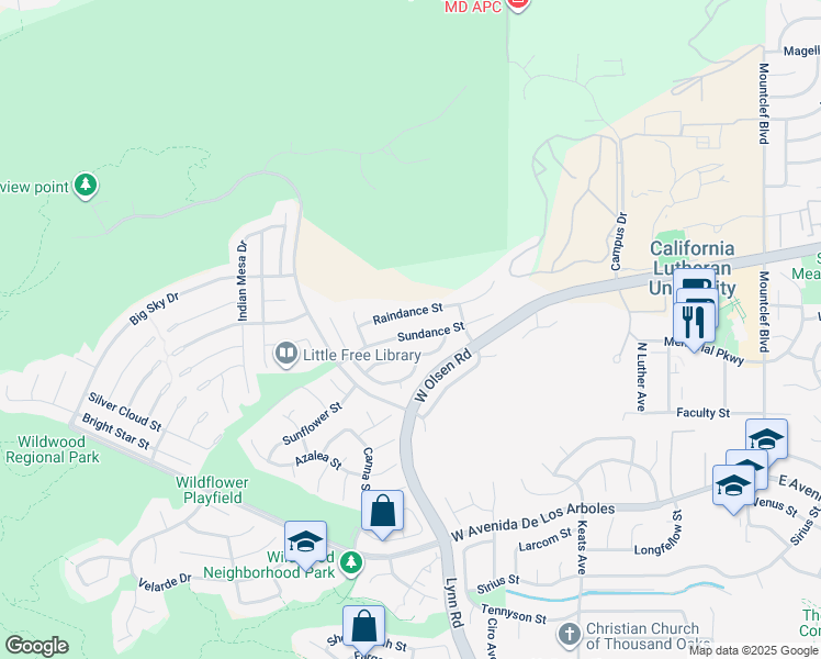 map of restaurants, bars, coffee shops, grocery stores, and more near 467 Sundance Street in Thousand Oaks