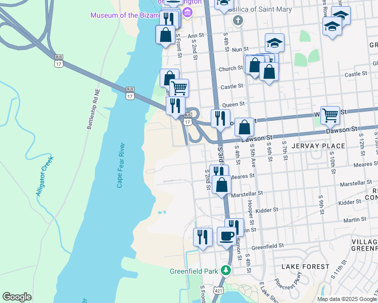 map of restaurants, bars, coffee shops, grocery stores, and more near South Front Street in Wilmington