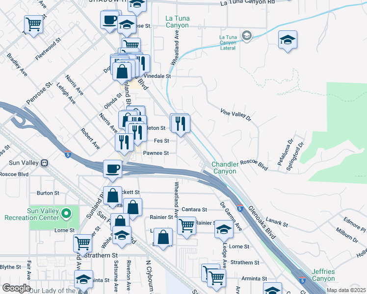 map of restaurants, bars, coffee shops, grocery stores, and more near 8461 Glenoaks Boulevard in Los Angeles