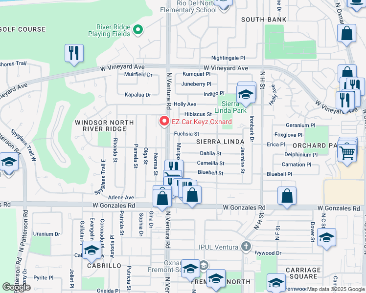 map of restaurants, bars, coffee shops, grocery stores, and more near 1350 Elder Street in Oxnard