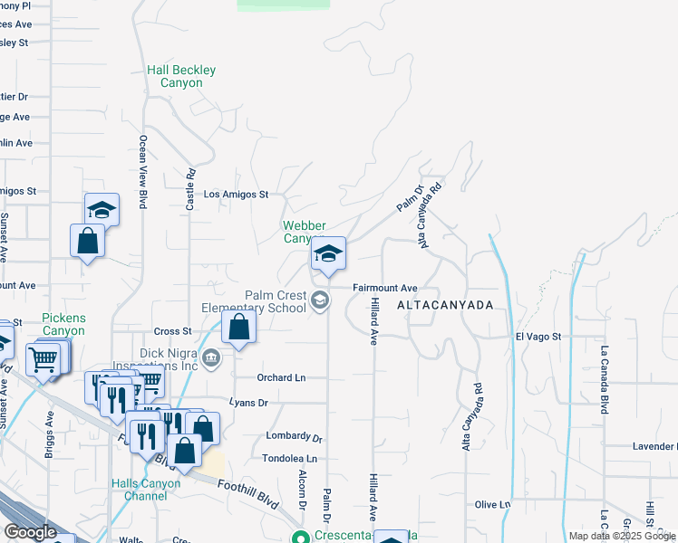 map of restaurants, bars, coffee shops, grocery stores, and more near 5112 Palm Drive in La Cañada Flintridge