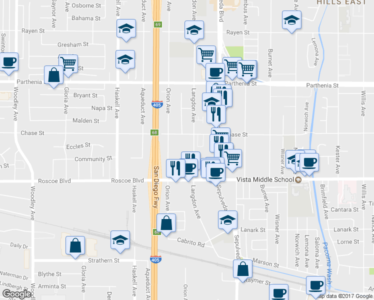 map of restaurants, bars, coffee shops, grocery stores, and more near 8430 Langdon Avenue in Los Angeles