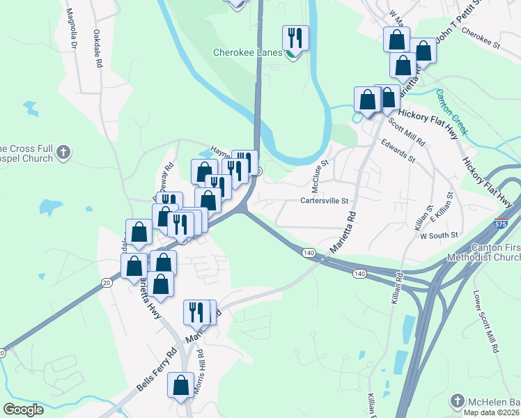 map of restaurants, bars, coffee shops, grocery stores, and more near 357 Cartersville Street in Canton