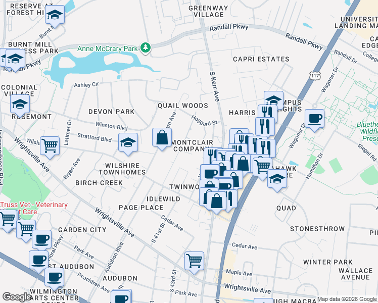 map of restaurants, bars, coffee shops, grocery stores, and more near 4302 Cedarwood Lane in Wilmington