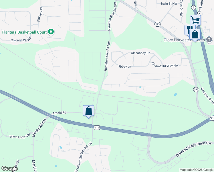 map of restaurants, bars, coffee shops, grocery stores, and more near 78 Moss Way in Cartersville