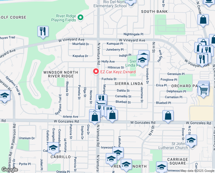 map of restaurants, bars, coffee shops, grocery stores, and more near 1350 Elder Street in Oxnard
