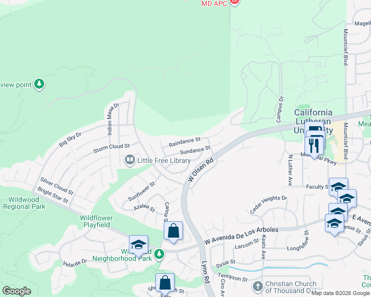 map of restaurants, bars, coffee shops, grocery stores, and more near 467 Sundance Street in Thousand Oaks