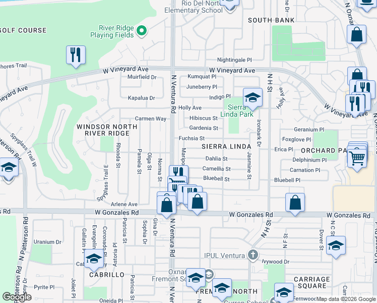 map of restaurants, bars, coffee shops, grocery stores, and more near 1350 Elder Street in Oxnard