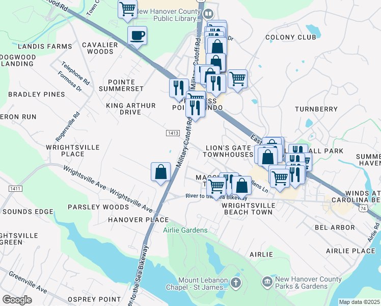 map of restaurants, bars, coffee shops, grocery stores, and more near 1507 Military Cutoff Road in Wilmington