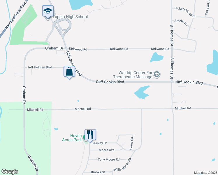 map of restaurants, bars, coffee shops, grocery stores, and more near 1391 Cliff Gookin Boulevard in Tupelo