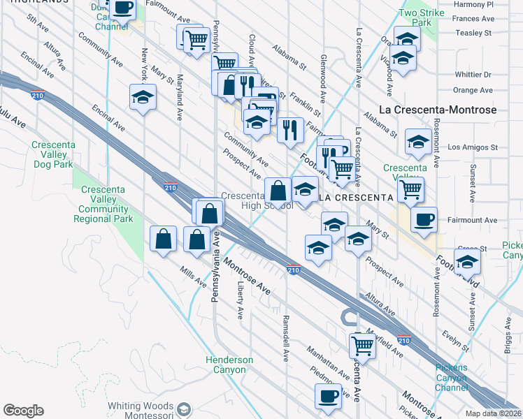 map of restaurants, bars, coffee shops, grocery stores, and more near 4308 Cloud Avenue in La Crescenta-Montrose