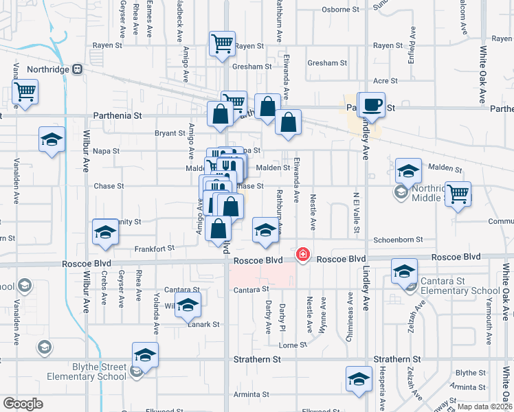 map of restaurants, bars, coffee shops, grocery stores, and more near 8421 Darby Avenue in Los Angeles