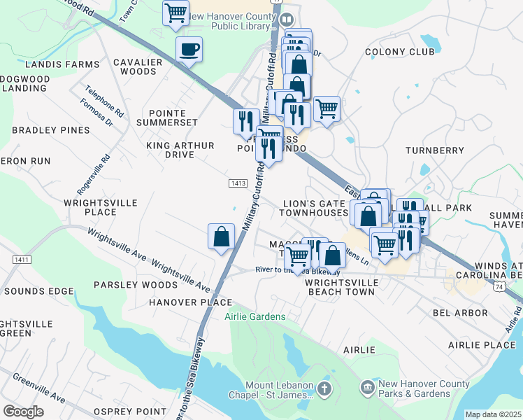 map of restaurants, bars, coffee shops, grocery stores, and more near 1507 Military Cutoff Road in Wilmington
