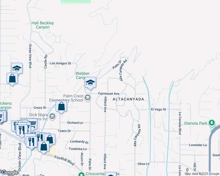 map of restaurants, bars, coffee shops, grocery stores, and more near 1737 Fairmount Avenue in La Cañada Flintridge