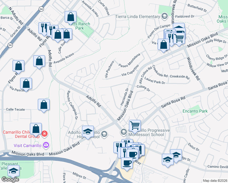 map of restaurants, bars, coffee shops, grocery stores, and more near 778 Hillcrest Drive in Camarillo