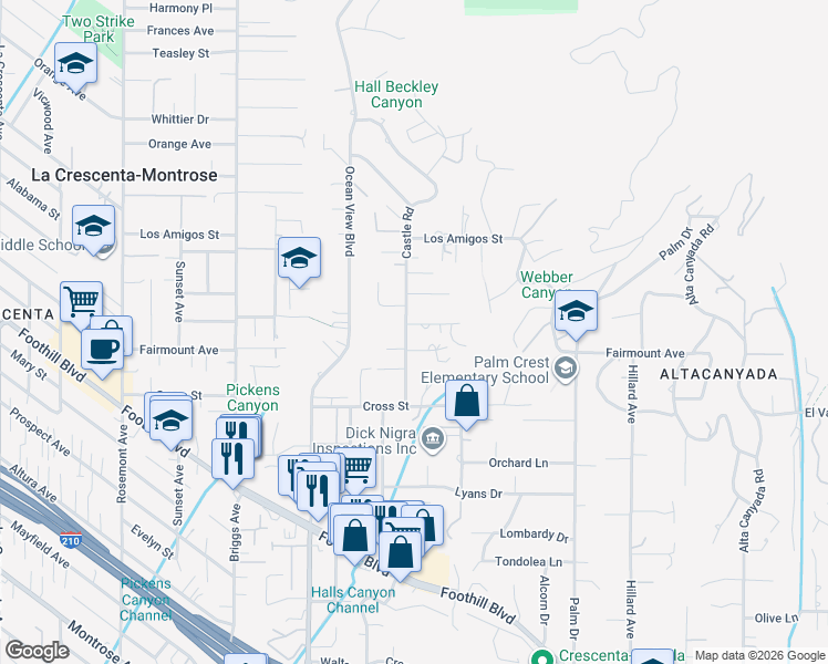map of restaurants, bars, coffee shops, grocery stores, and more near 2145 Sunnybank Drive in La Cañada Flintridge